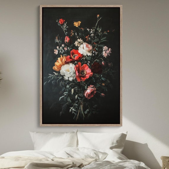 Moody Vintage Flowers Bouquet On Matte Background Print Elegant Floral Wall Art Framed Rustic Decor For Living Room Or Bedroom