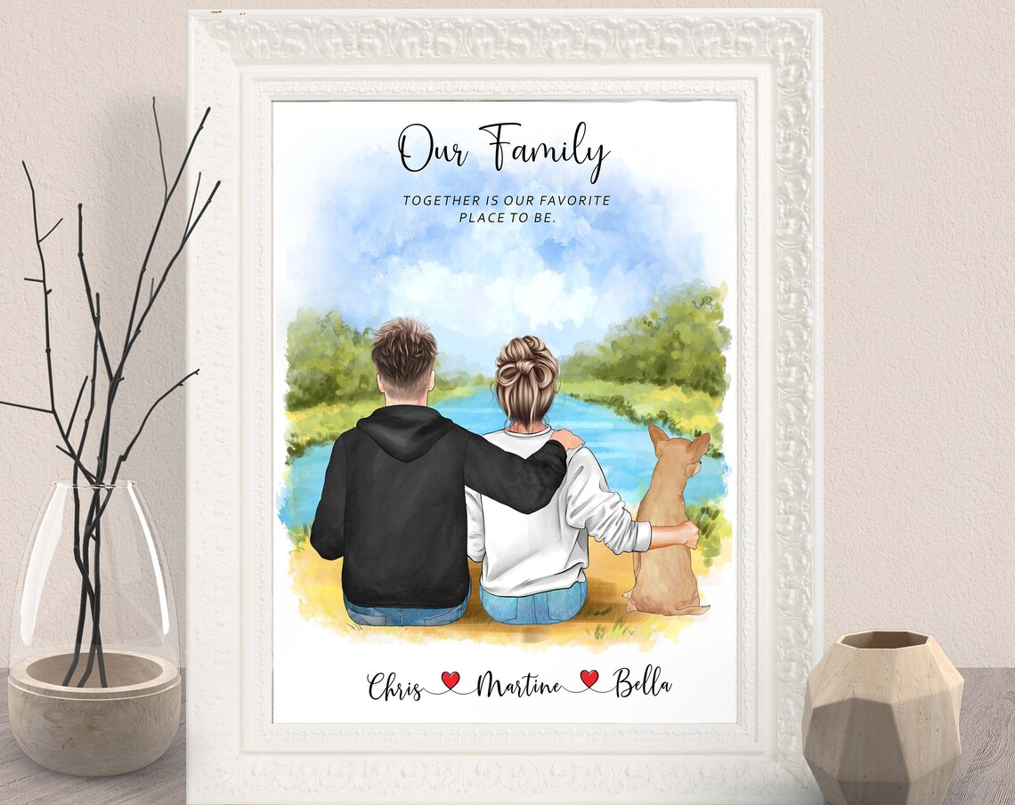 Custom Couple With Dog Family Portrait Print Gift for Dog Lovers