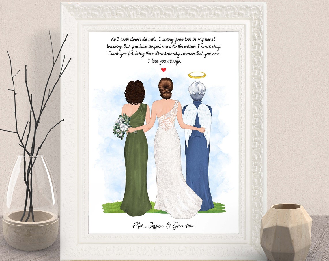 Bride With Mom and Angel Grandma Wedding Memorial Portrait Print