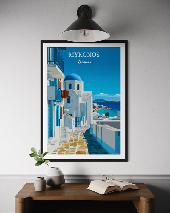 Mykonos Greece Blue Domed Church Street Aegean Island Travel Poster