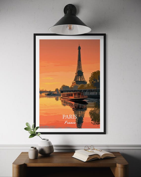 Paris Eiffel Tower Poster River Seine Cruise View France Travel Print Cityscape Wall Art Romantic Illustration