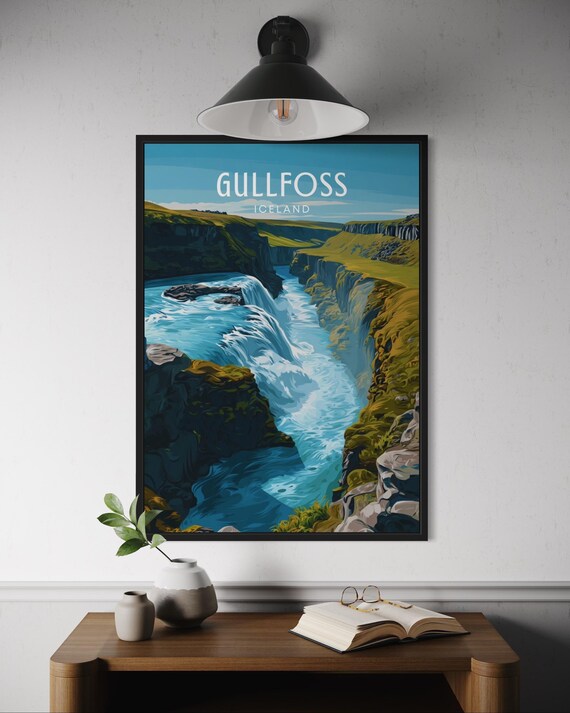 Gullfoss Waterfall Iceland Scenic Nordic Vintage Travel Poster