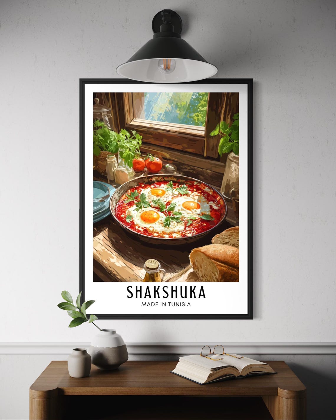 Shakshuka Poster Middle Eastern Breakfast Art Tunisian Poached Eggs In Tomato Sauce Wall Decor Mediterranean Kitchen Print African Dish