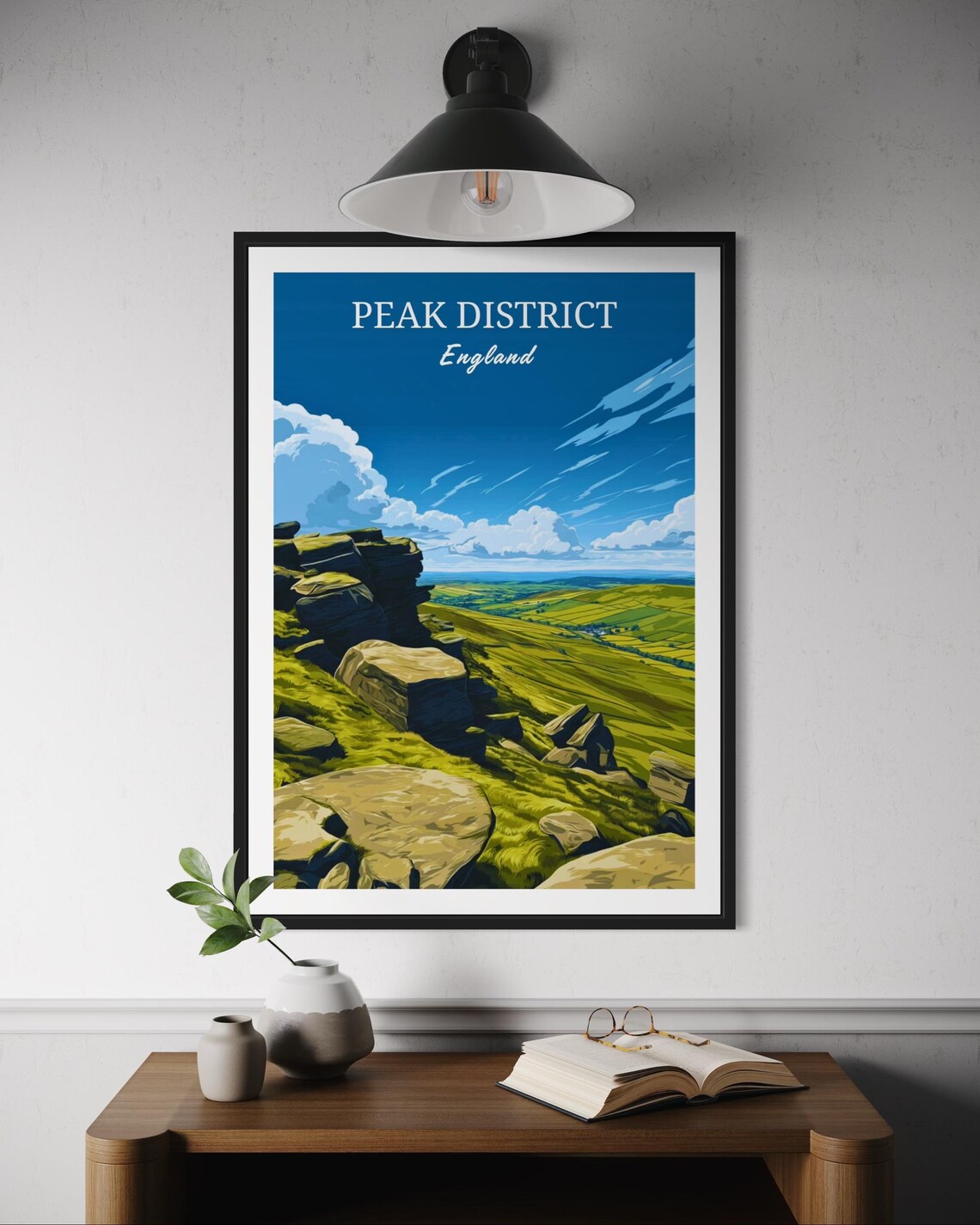 Peak District England Rocky Crags Green Valley Hiking Art Poster