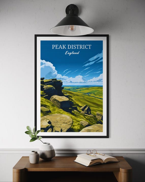 Peak District Poster Uk Countryside Wall Art Rolling Hills Hiking Trails Scenic Nature Print Adventure Travel Illustration Europe