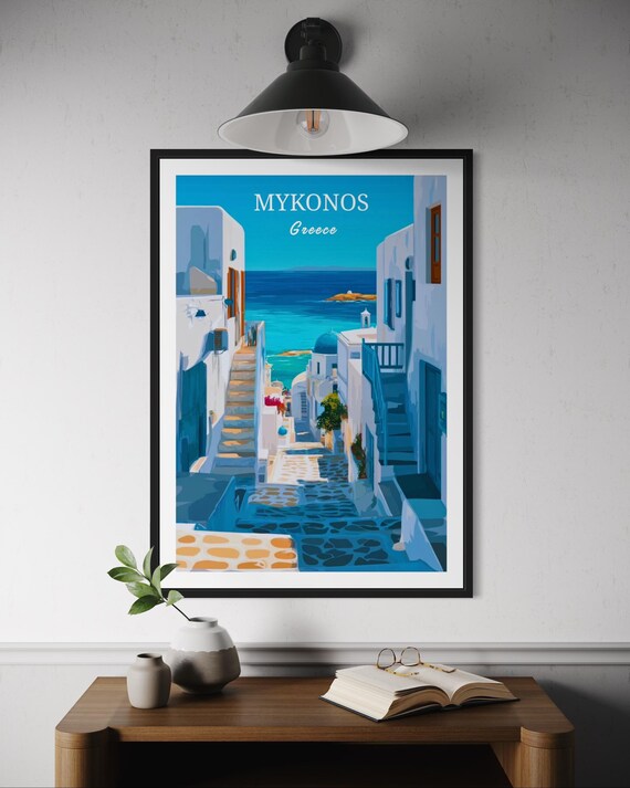 Mykonos Greece Whitewashed Steps to the Sea Aegean Island Travel Poster