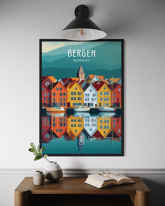 Bergen Norway Travel Poster Bryggen Wharf Colorful Harbor Waterfront Art