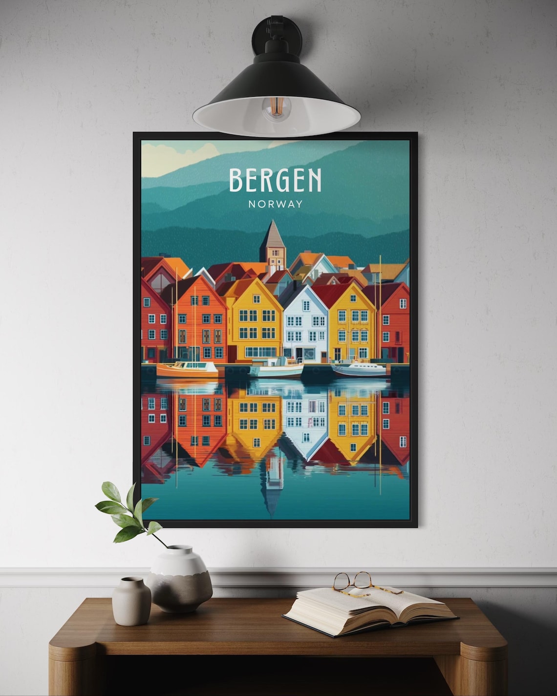 Bergen Norway Travel Poster Bryggen Wharf Colorful Harbor Waterfront Art