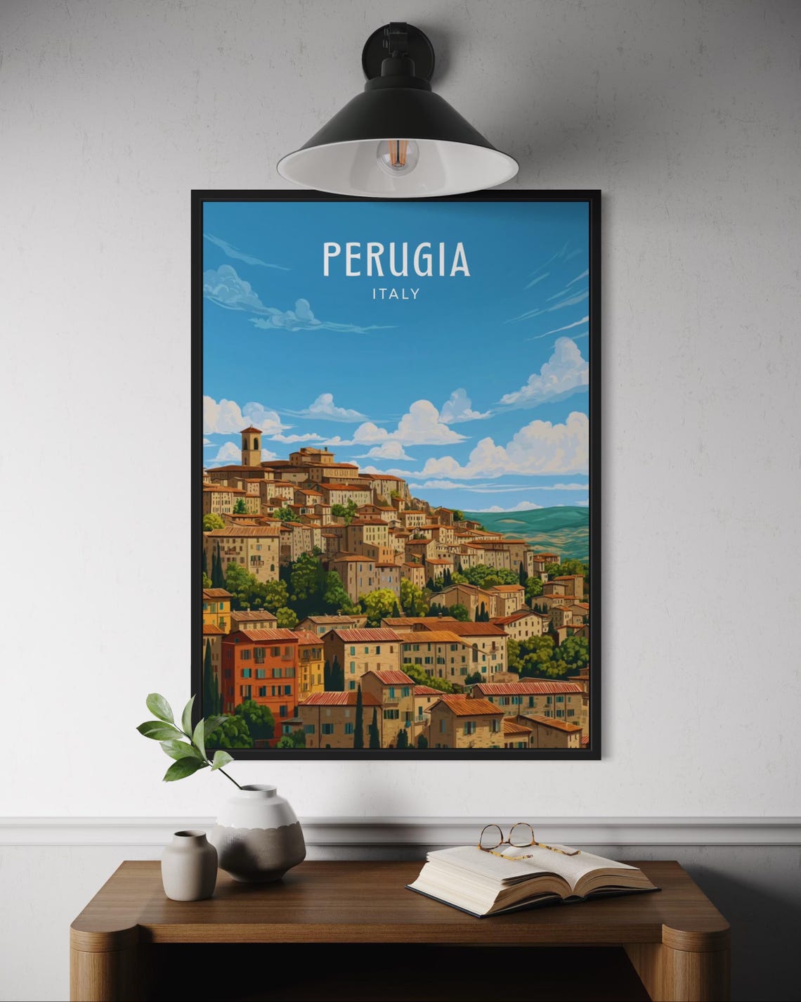 Perugia Italy Hilltop Old Town Umbrian Panorama Vintage Travel Poster
