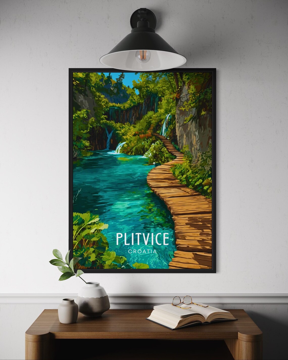 Plitvice Croatia Wooden Boardwalk Waterfall Turquoise Poster