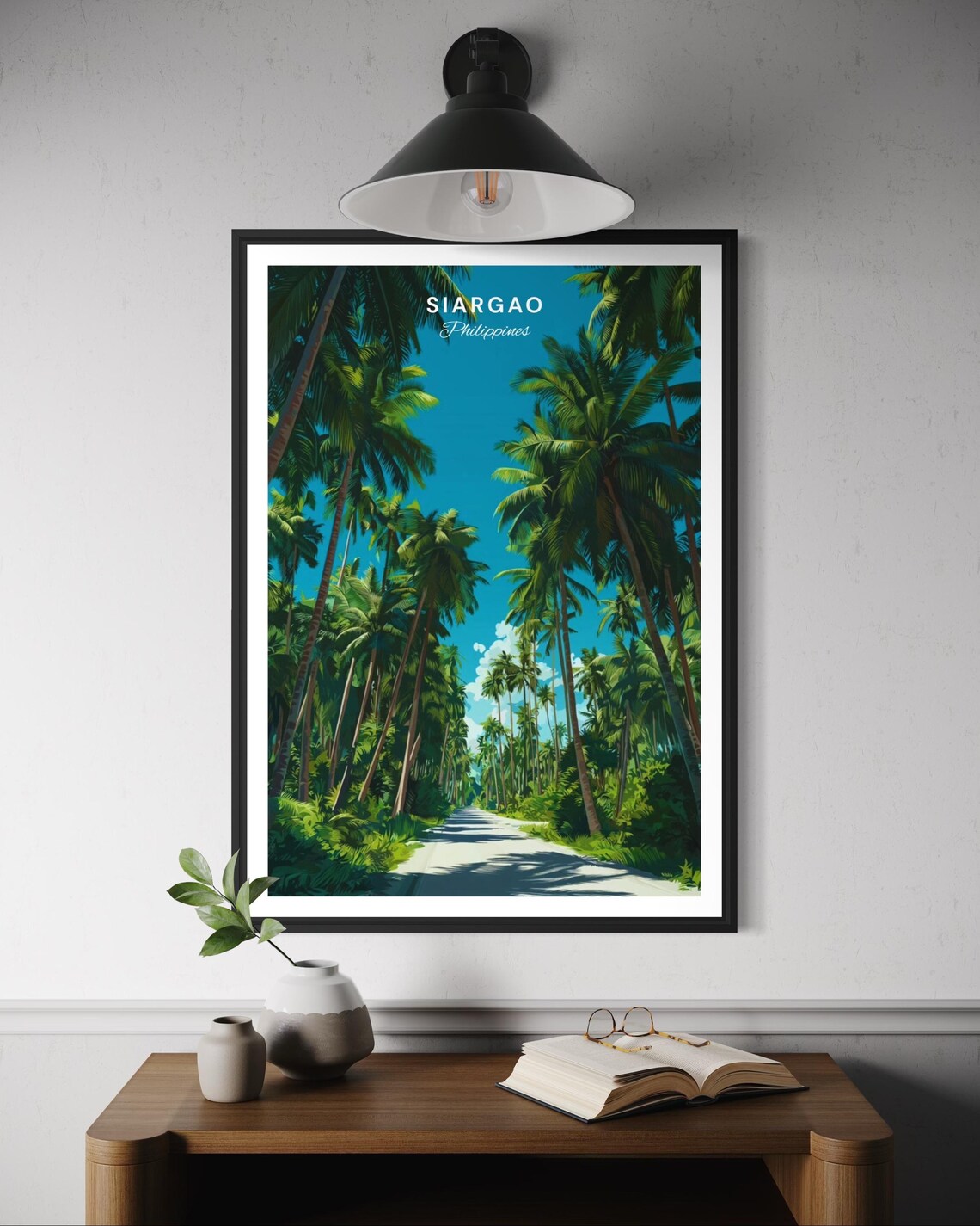 Siargao Philippines Coconut Road Travel Poster with Tall Palm Trees