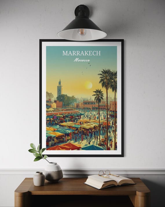 Marrakech Morocco Travel Poster Jemaa Elfnaa Market Wall Art Medina Print North Africa Decor Moroccan Architecture Artwork