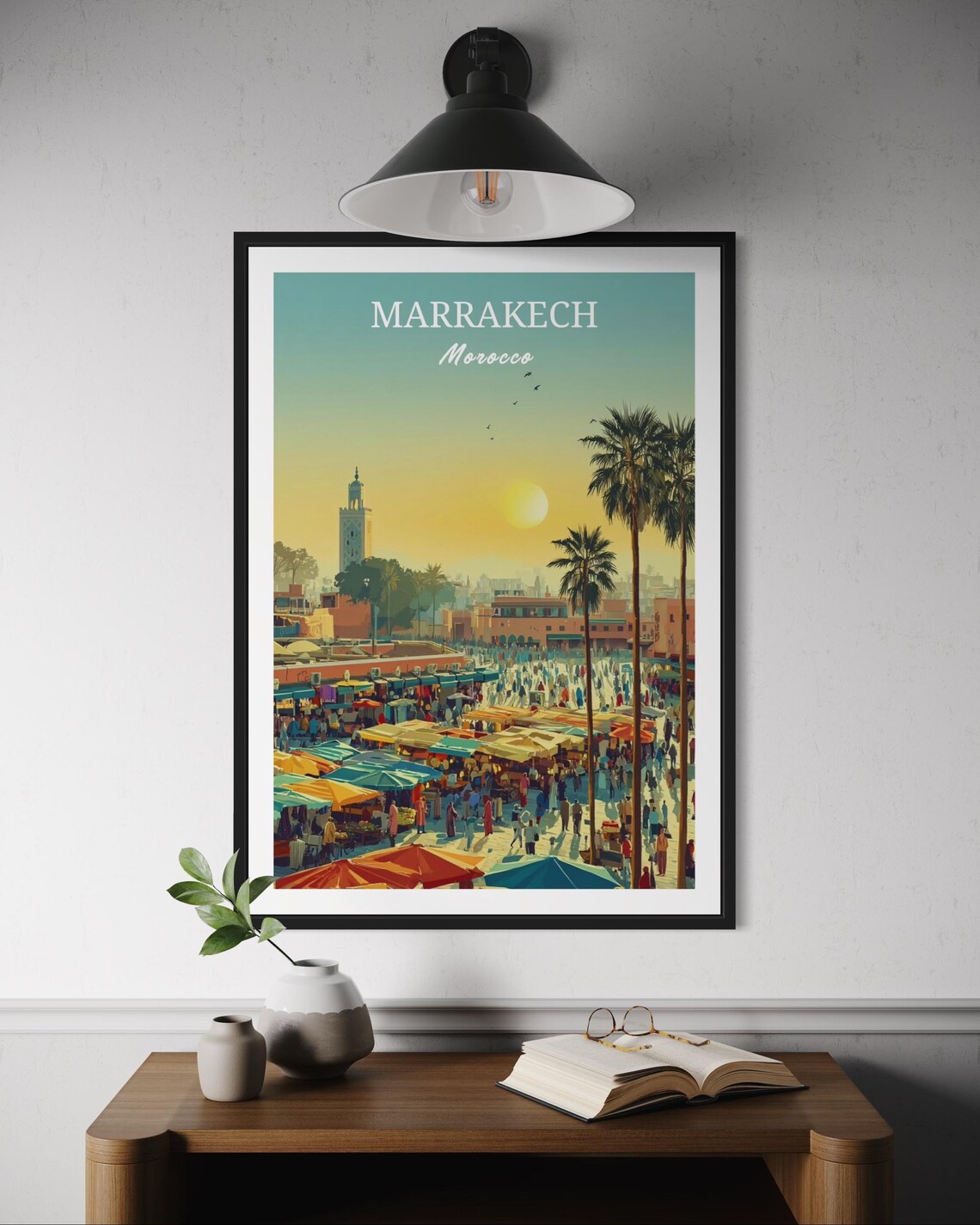 Marrakech Morocco Market Square Sunset Palm Umbrellas Travel Poster