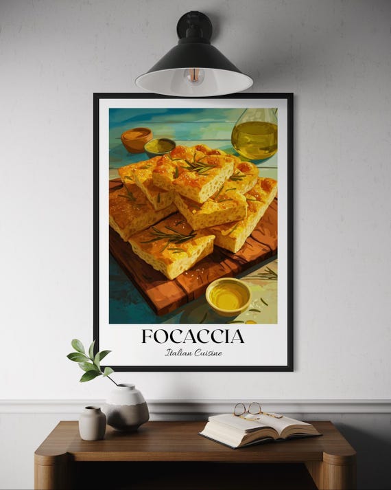Focaccia Poster Italian Bread Wall Art Mediterranean Bakery Print Italy Kitchen Decor Rustic Food Illustration Cuisine