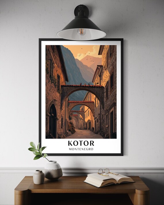 Kotor Montenegro Poster Old Town Sunset Scene With Cats Historic Architecture Travel Wall Art Adriatic Coast Decor Balkan Artwork