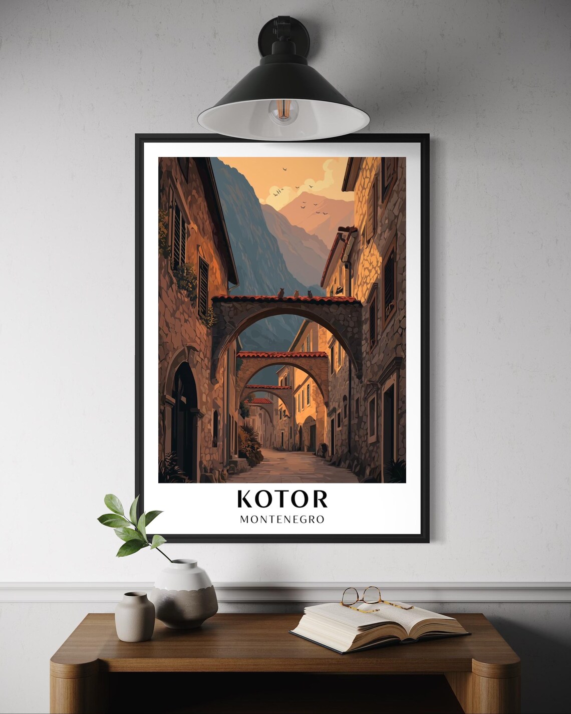Kotor Montenegro Old Town Sunset Art Arched Stone Alley Mountain View Poster