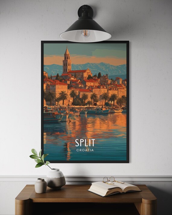 Split Croatia Sunset Harbor Bell Tower Waterfront Travel Poster