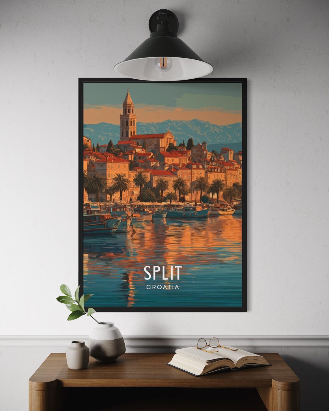 Split Croatia Sunset Harbor Bell Tower Waterfront Travel Poster