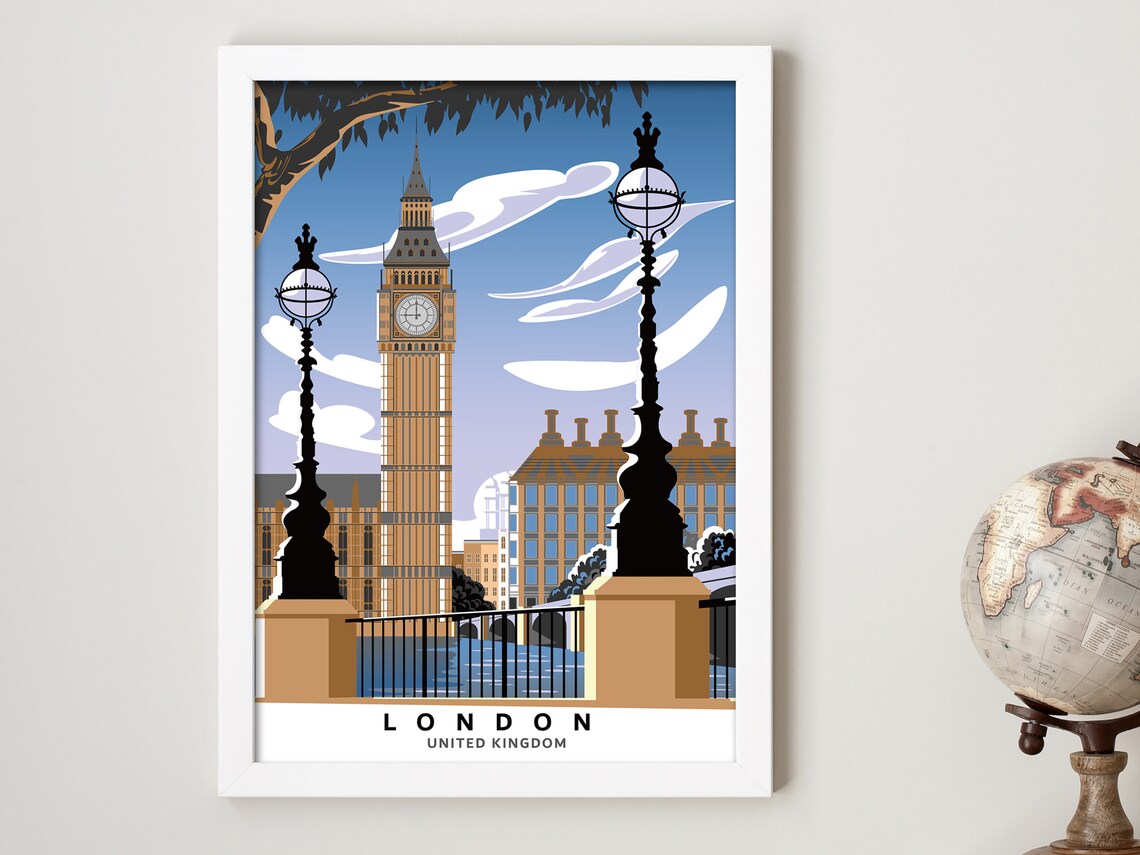 London United Kingdom Big Ben Bridge Lamps Vintage Style Travel Poster