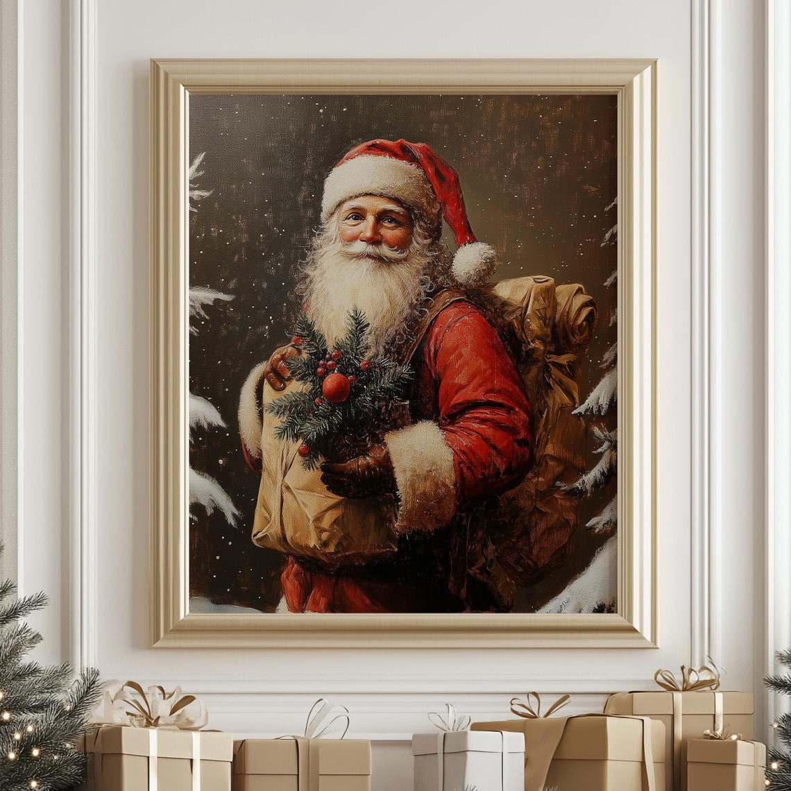 Vintage Santa Claus with Gift Sack Snowy Night Christmas Wall Art