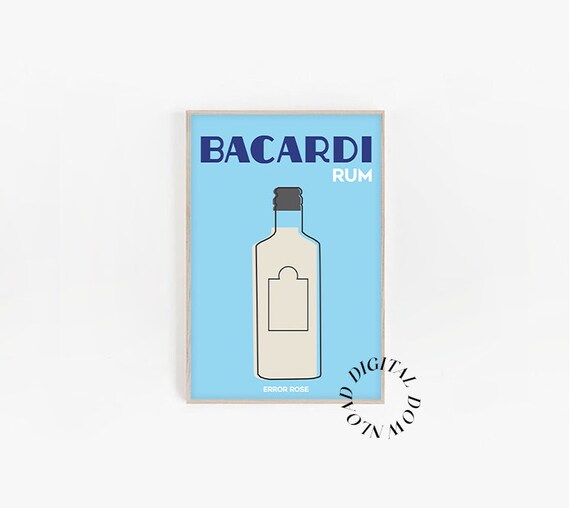Bacardi Rum Bottle Minimalist Blue Bar Cart Alcohol Retro Decor Poster