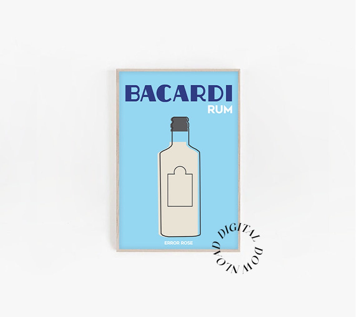 Bacardi Rum Bottle Minimalist Blue Bar Cart Alcohol Retro Decor Poster