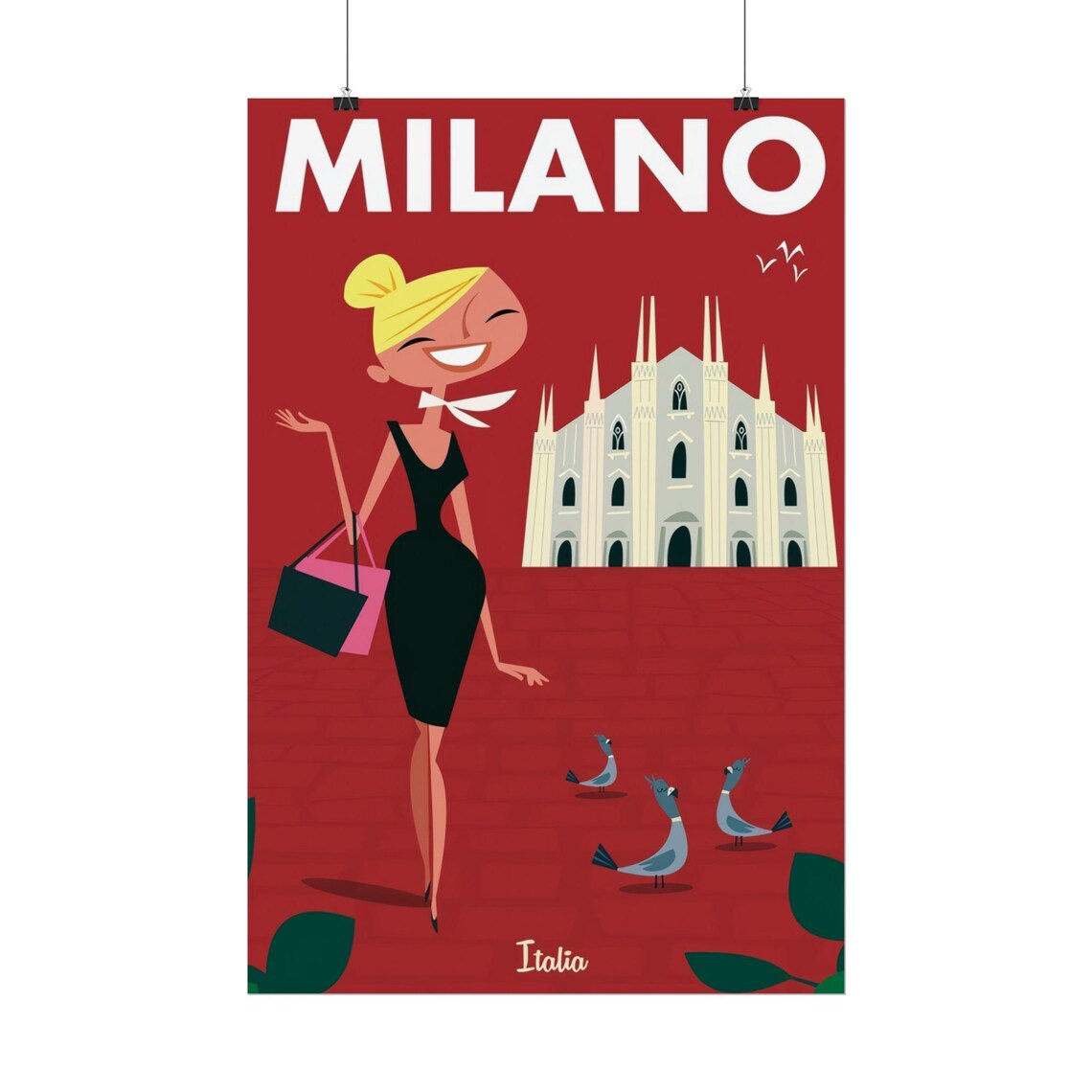 Milano Vintage Red City Travel Poster with Duomo and Chic Woman - Image 2
