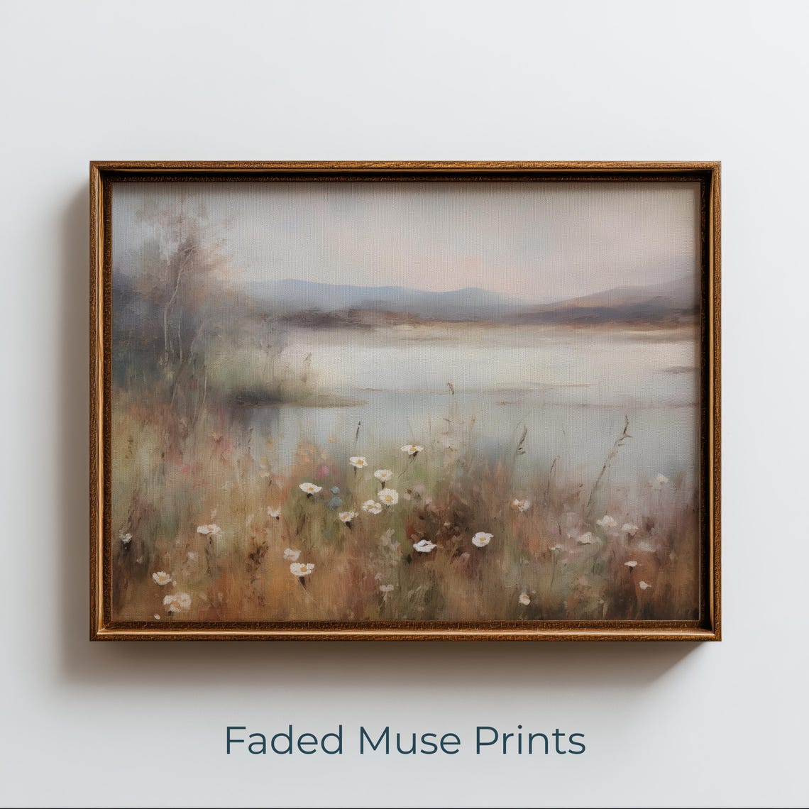 Misty Lakeside Meadow Wildflowers Soft Watercolor Landscape Wall Art