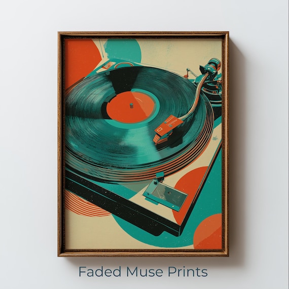 Retro Turntable Vinyl Record Teal Orange Midcentury Pop Art Print