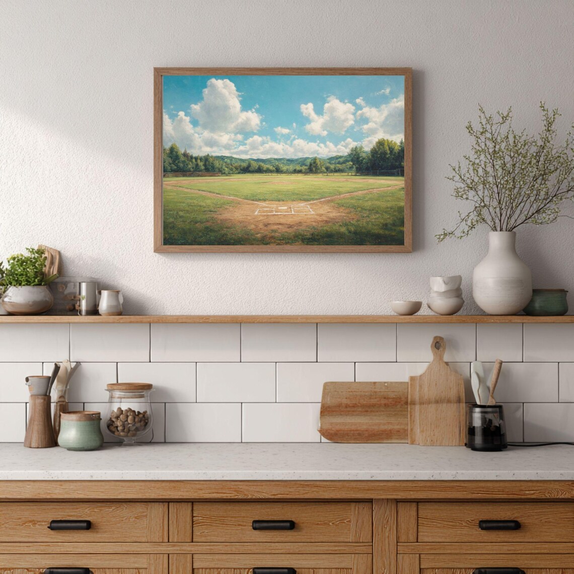 Vintage Baseball Field Art, Nostalgic Ballpark Landscape