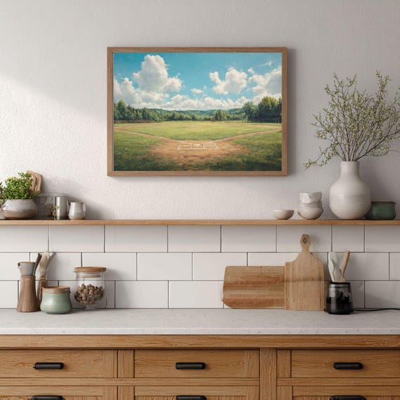 Vintage Baseball Field Art, Nostalgic Ballpark Landscape