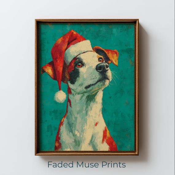 Festive Dog Portrait Santa Hat Colorful Christmas Pet Painting Digital Download 3032