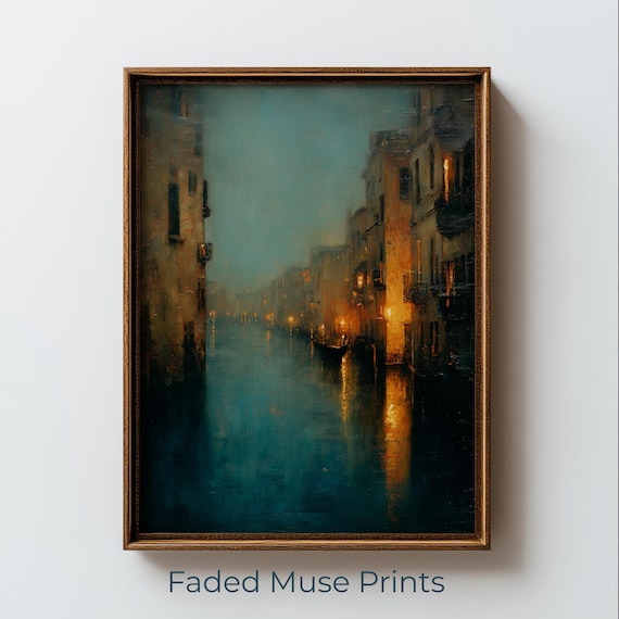 Venetian Canal Dusk Lantern Light Moody Impressionist Art Print