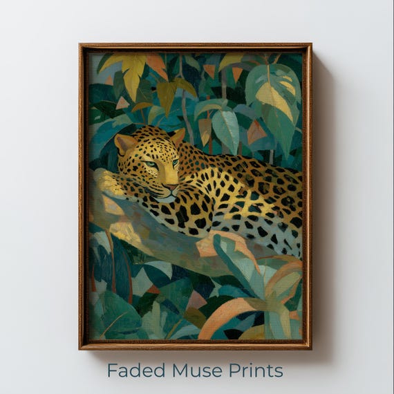 Vintage Leopard Print Jungle Foliage Wall Art Printable Retro Animal Decor Digital Download 3184