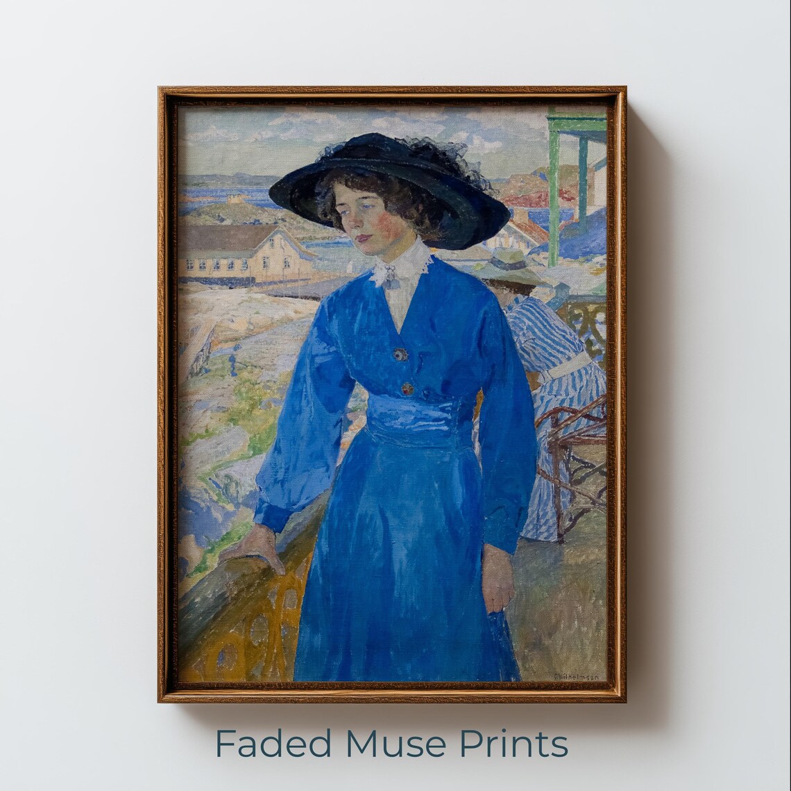 Young Woman in Cobalt Blue Dress Vintage Coastal Portrait Print