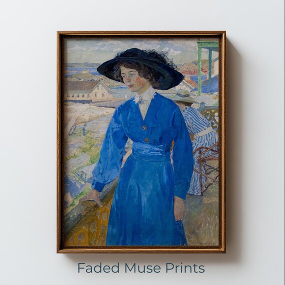 Young Woman in Cobalt Blue Dress Vintage Coastal Portrait Print