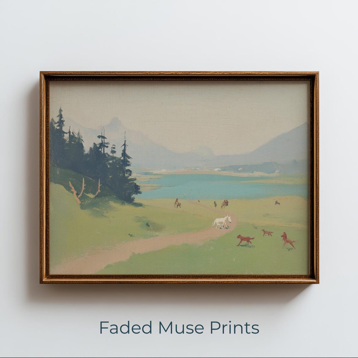 Tranquil Lakeside Meadow Painting Print Horses Grazing Vintage Art