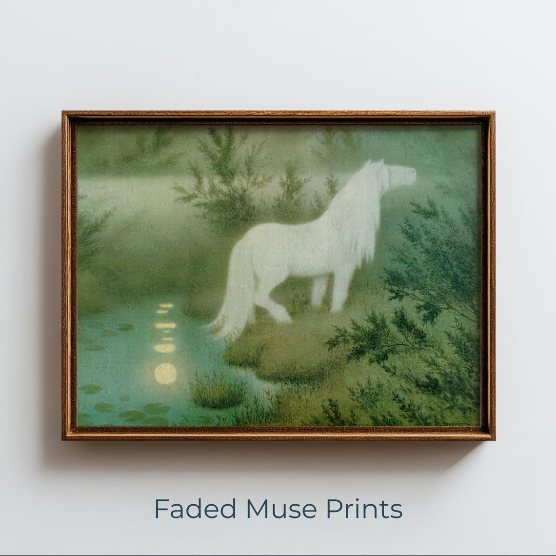 Ghostly White Horse by Moonlit Water Nordic Folklore Painting Poster