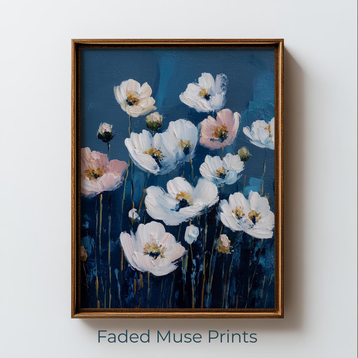 White and Blush Anemones on a Deep Navy Background Floral Poster