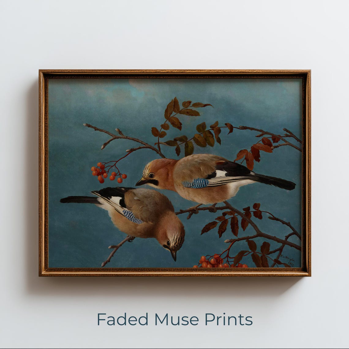 Vintage Songbirds Jay Branch Berries Botanical Nature Art Print