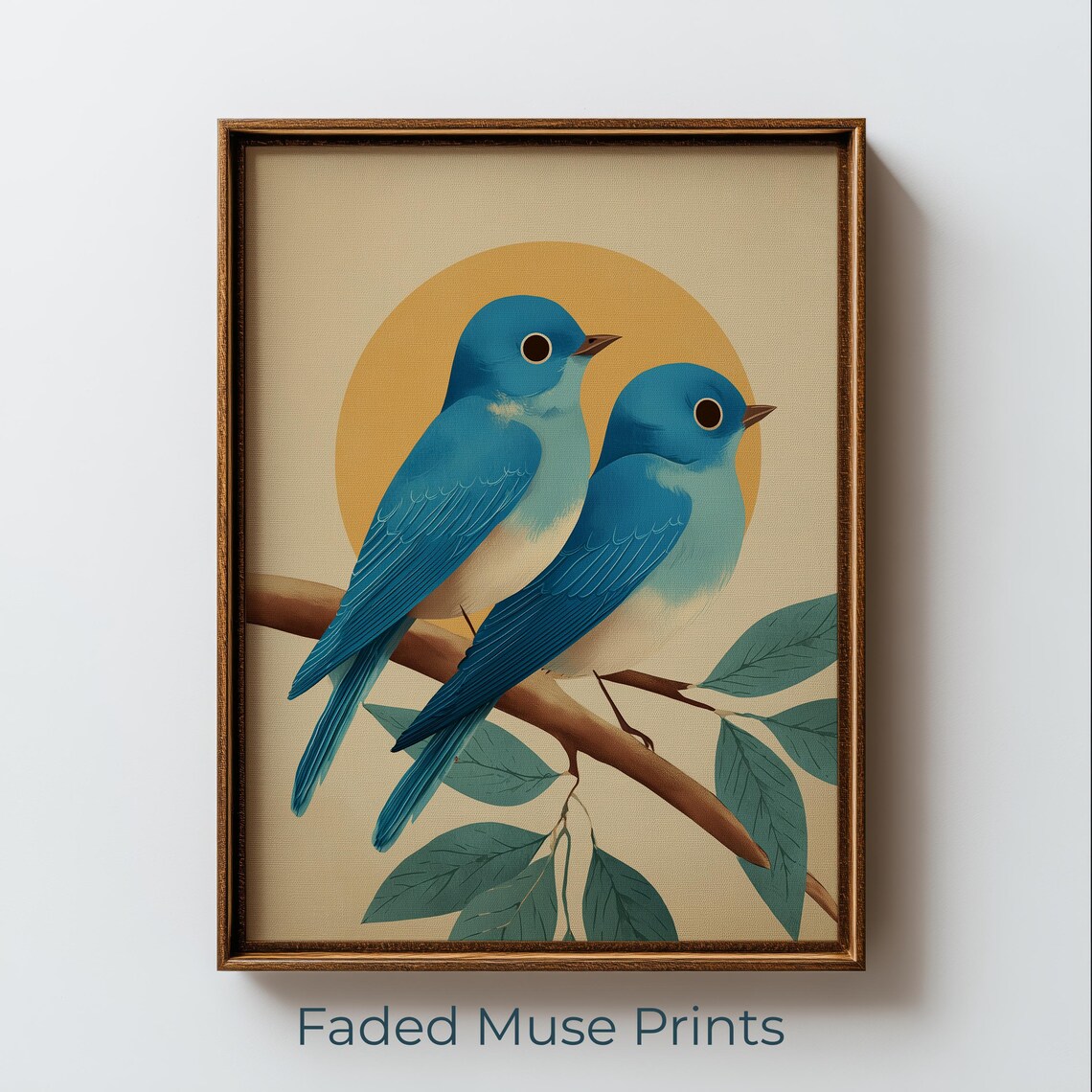 Cheerful Bluebirds On Branch, Vintage Nature Art Print