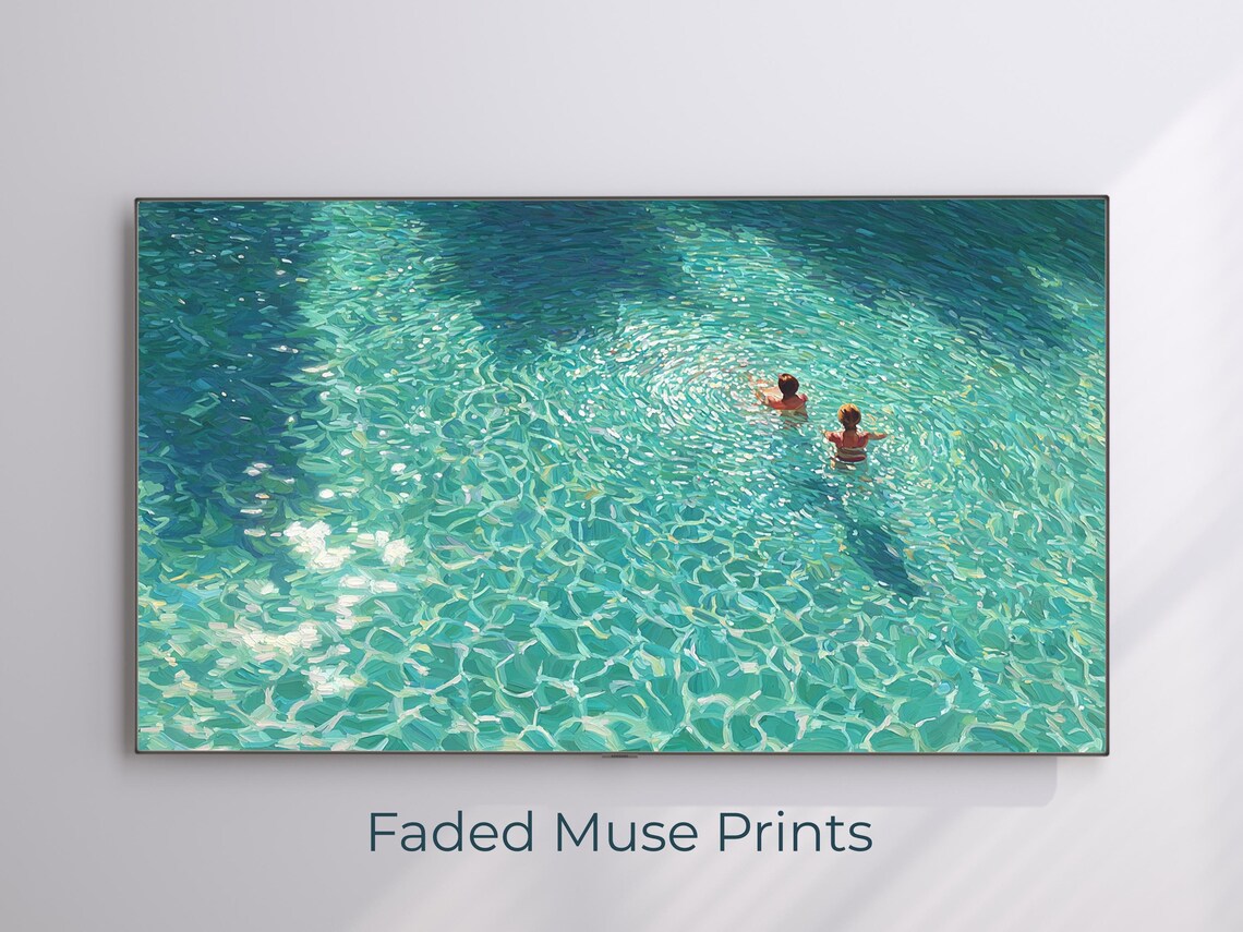 Two Swimmers in Teal Water Mosaic Painting Summer Coastal Poster