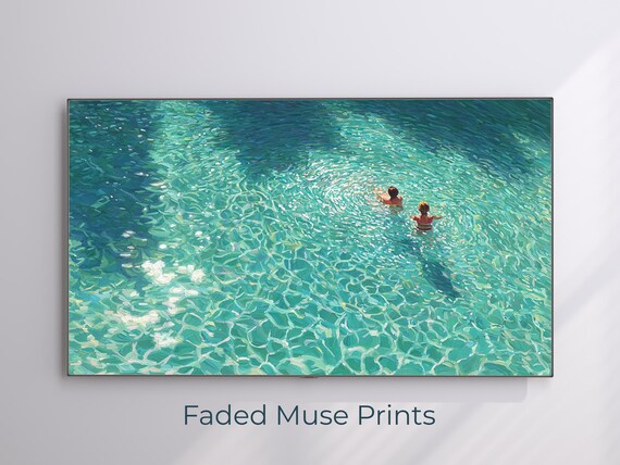 Two Swimmers in Teal Water Mosaic Painting Summer Coastal Poster