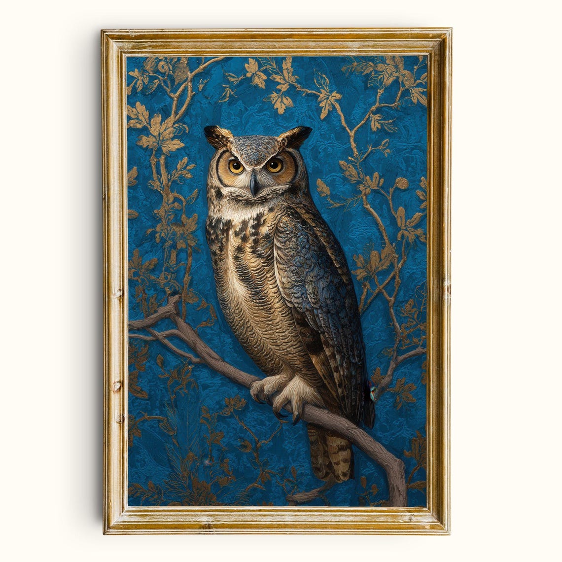 Great Horned Owl Cobalt Blue Gold Botanical Maximalist Bird Poster