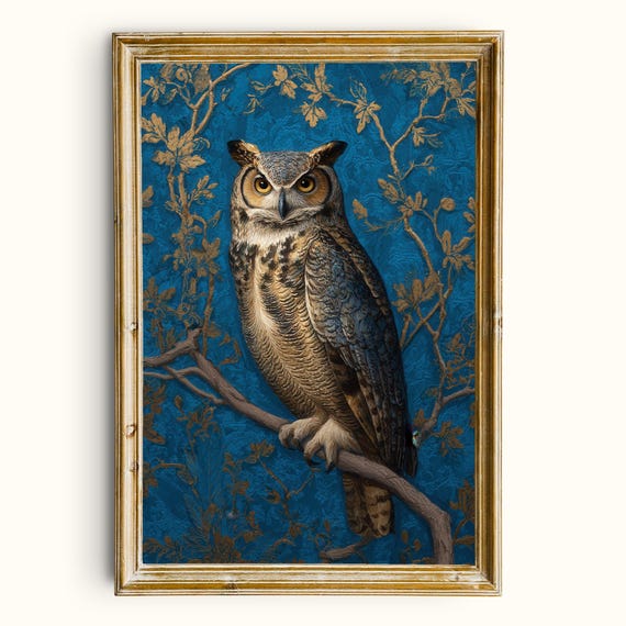 Vintage Owl Art Print Blue Gold Botanical Maximalist Wall Decor Digital Download