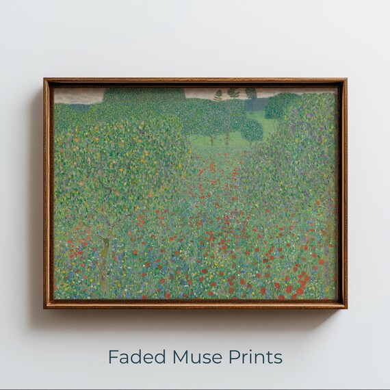 Wildflower Meadow with Red Poppies Vintage Oil Style Landscape Print