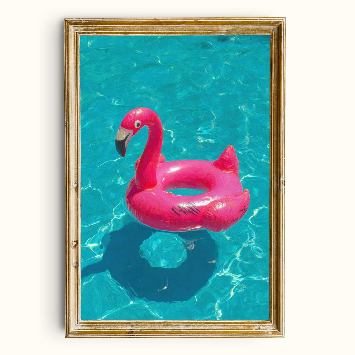 Retro Pink Flamingo Pool Float Art Turquoise Summer Pool Wall Poster