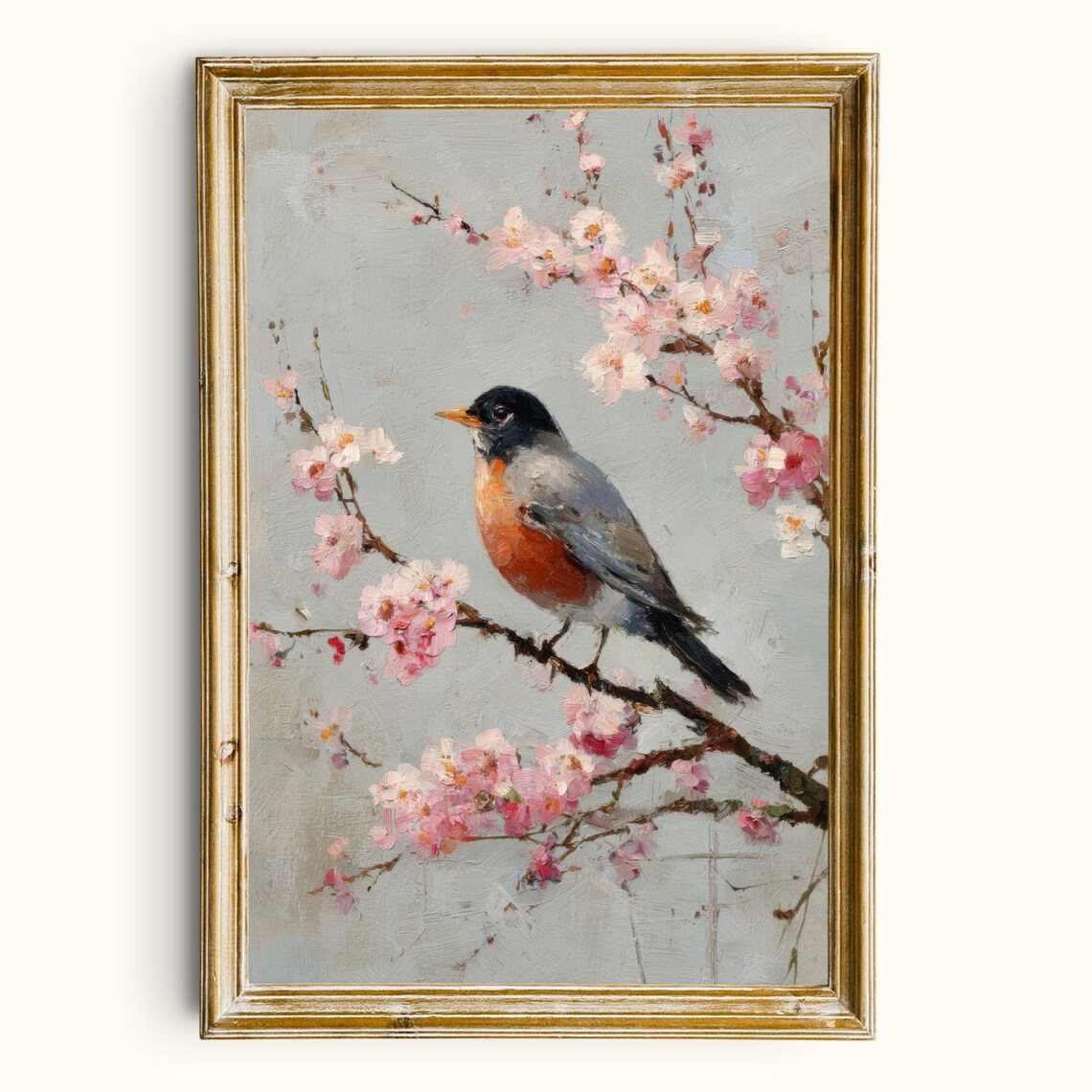 Robin Bird Cherry Blossom Print Vintage Botanical Spring Wall Art Digital Download
