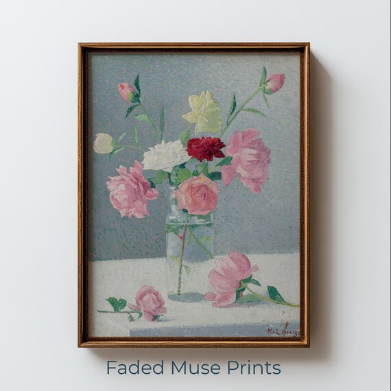 Vintage Watercolor Bouquet Art Romantic Garden Rose Peony Print Digital Download 1223