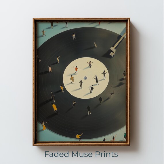 Tiny Dancers on Giant Vinyl Record Retro Surreal Music Art Poster